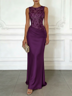 Purple Embroidery Satin Crew Neck Sleeveless Sheath Gown Dress