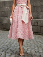 Pink 3D Floral Bow Crew Neck A-Line Midi Dress With Pockets