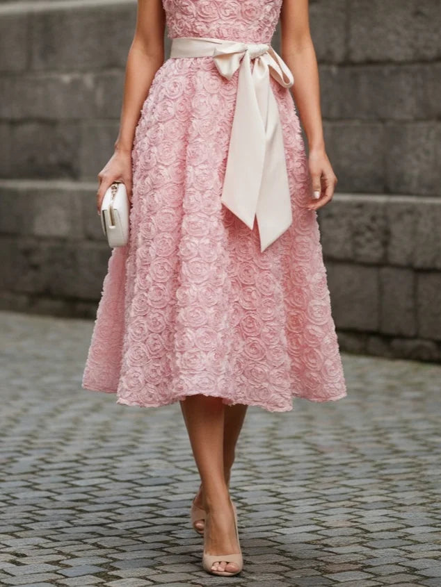 Pink 3D Floral Bow Crew Neck A-Line Midi Dress With Pockets