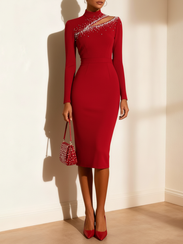 Black Rhinestone Cut Out Knit Mock Neck Long Sleeve Sheath Midi Dress