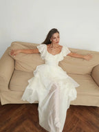 Cocoslly Off-The-Shoulder Sleeveless High Waist Long Prom Dress With Ruffles | White Chiffon LX0115