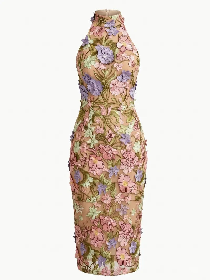 Khaki 3D Floral Classic Halter Neck Sleeveless Sheath Midi Dress