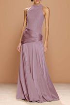 Cocoslly High-Neck Sleeveless Long Pleated Mermaid Prom Dress With Embroidery | Sage Green Satin ZA0147