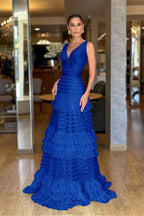 Tulle V-Neck Wide Shoulder Straps Sleeveless Long A-Line Prom Dress With Ruffles And Pleated WQ0149