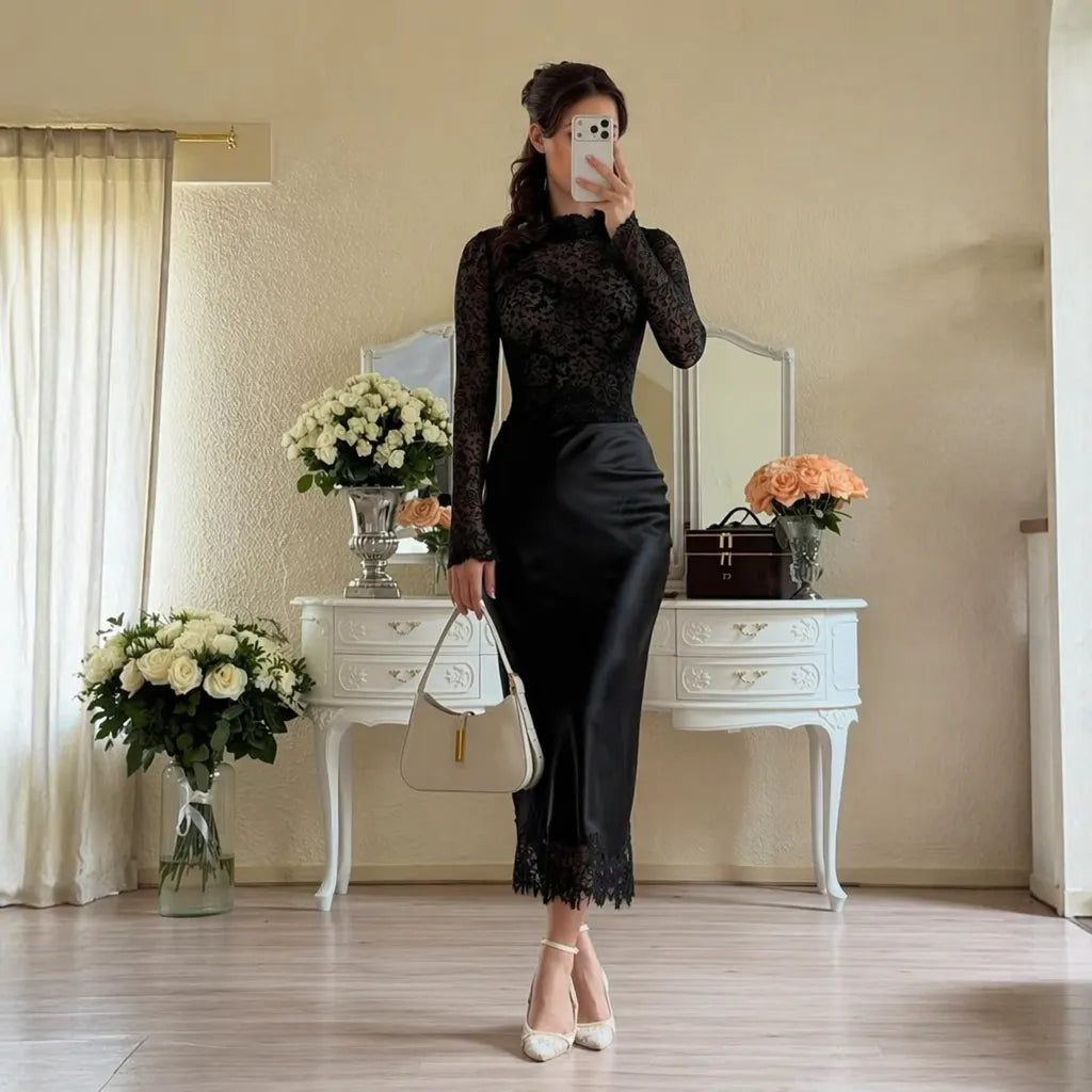 Cocoslly Long Sleeves High Waist Long Mermaid Prom Dress | White Lace And Satin JZ0165