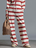 Retro Sporty Red Striped Hooded Half-Zip Wide-Leg Jumpsuit