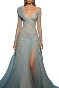 Cocoslly Deep V-Neck Long Sleeves Long Pleated Split Prom Dress With Appliques ZA0060 | Dusty Blue Tulle ZA0060