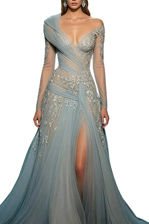 Cocoslly Deep V-Neck Long Sleeves Long Pleated Split Prom Dress With Appliques ZA0060 | Dusty Blue Tulle ZA0060