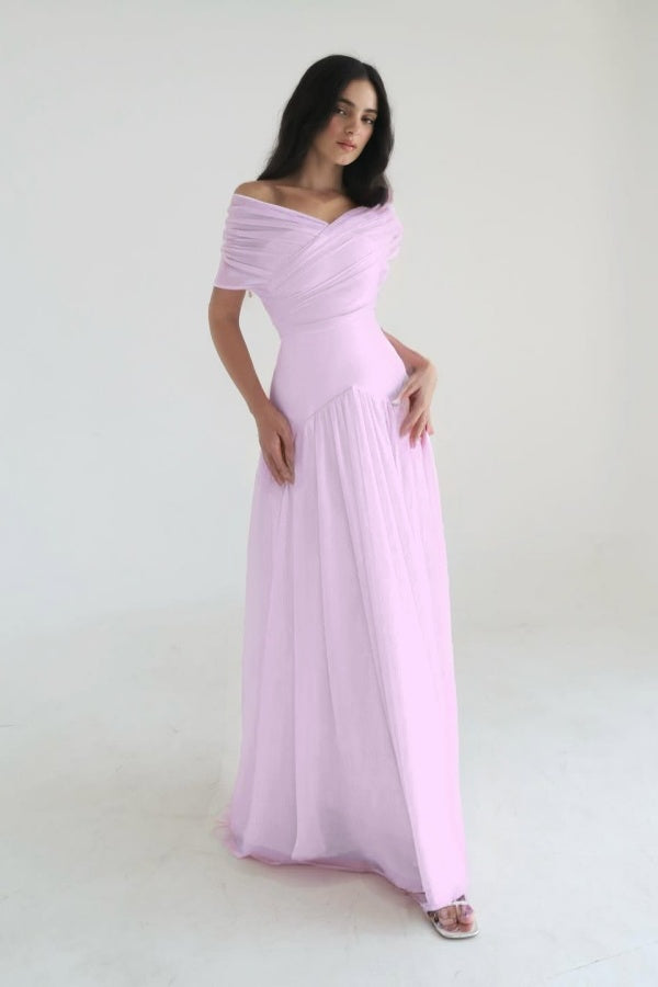 Chiffon Off the Shoulder Sleeveless Long Prom Dress With Pleated WQ0385