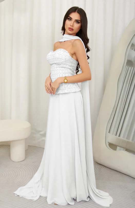 Cocoslly Strapless Sleeveless High Waist Long Prom Dress With Rhinstone And Scarf | Lilac Chiffon JZ0099