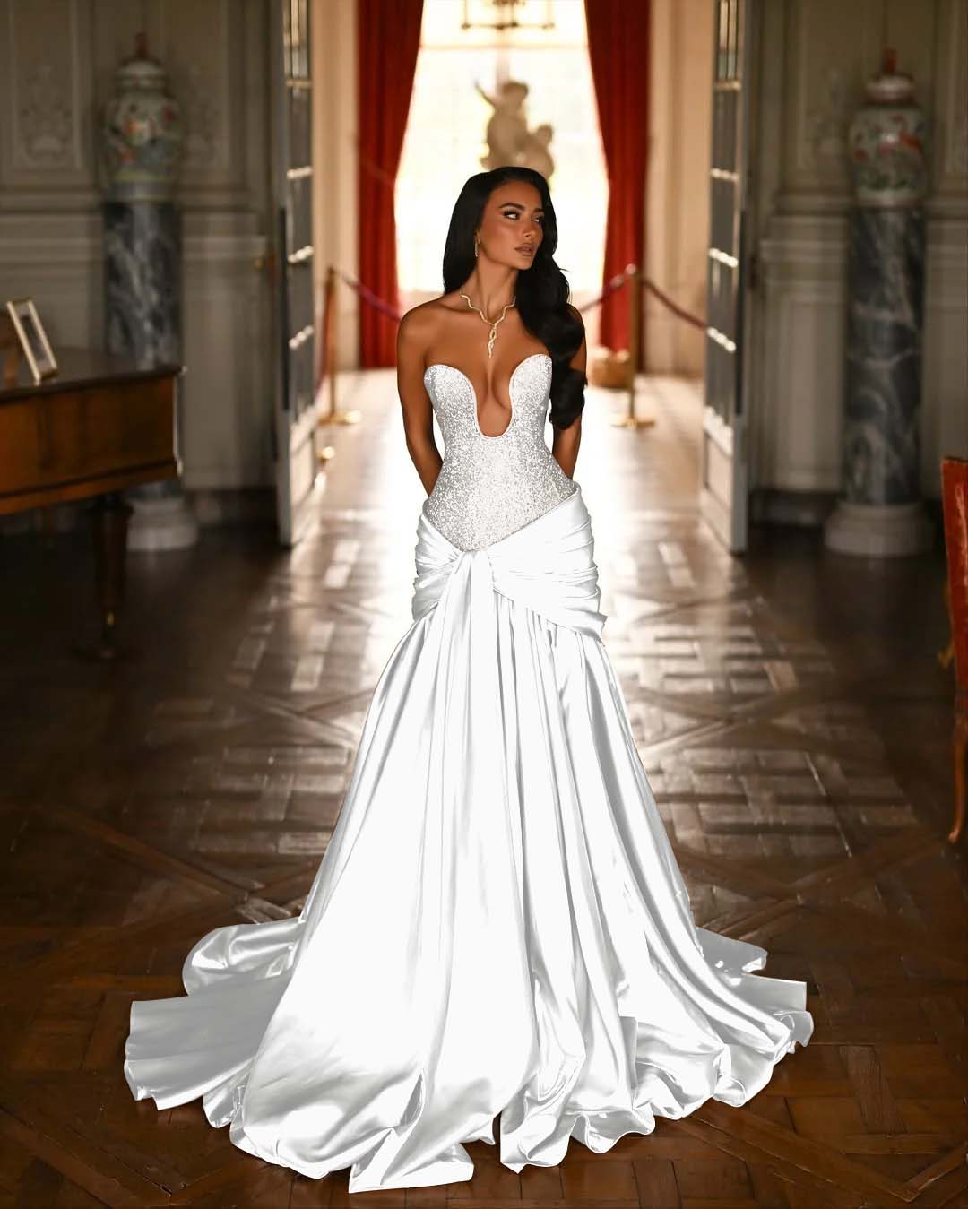 Satin Deep V-Neck Strapless Sleeveless Long Pleated Mermaid Prom Dress With Ruffles And Beadings YK0644
