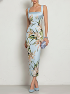 Light Blue Floral Satin Square Neck Sleeveless Sheath Midi Dress