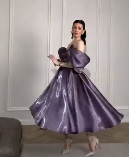 Cocoslly Off-The-Shoulder Sleeveless High Waist Long A Line Prom Dress | Purple Satin CO0219
