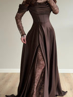 Cocoslly Off-The-Shoulder Long Sleeves High Waist Long Prom Dress With Split |  Brown Satin CO0110