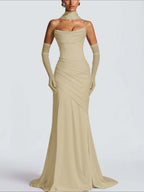 Strapless Sleeveless Long Pleated Mermaid Prom Dress With Ruffles And Gloves YK0718
