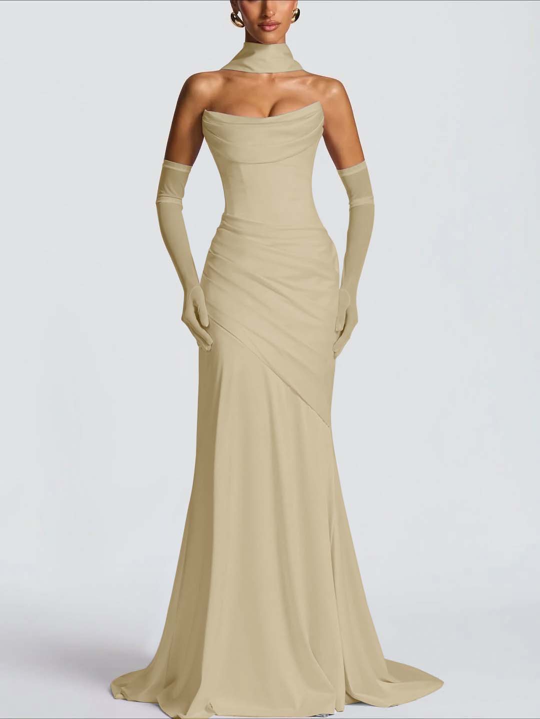 Strapless Sleeveless Long Pleated Mermaid Prom Dress With Ruffles And Gloves YK0718