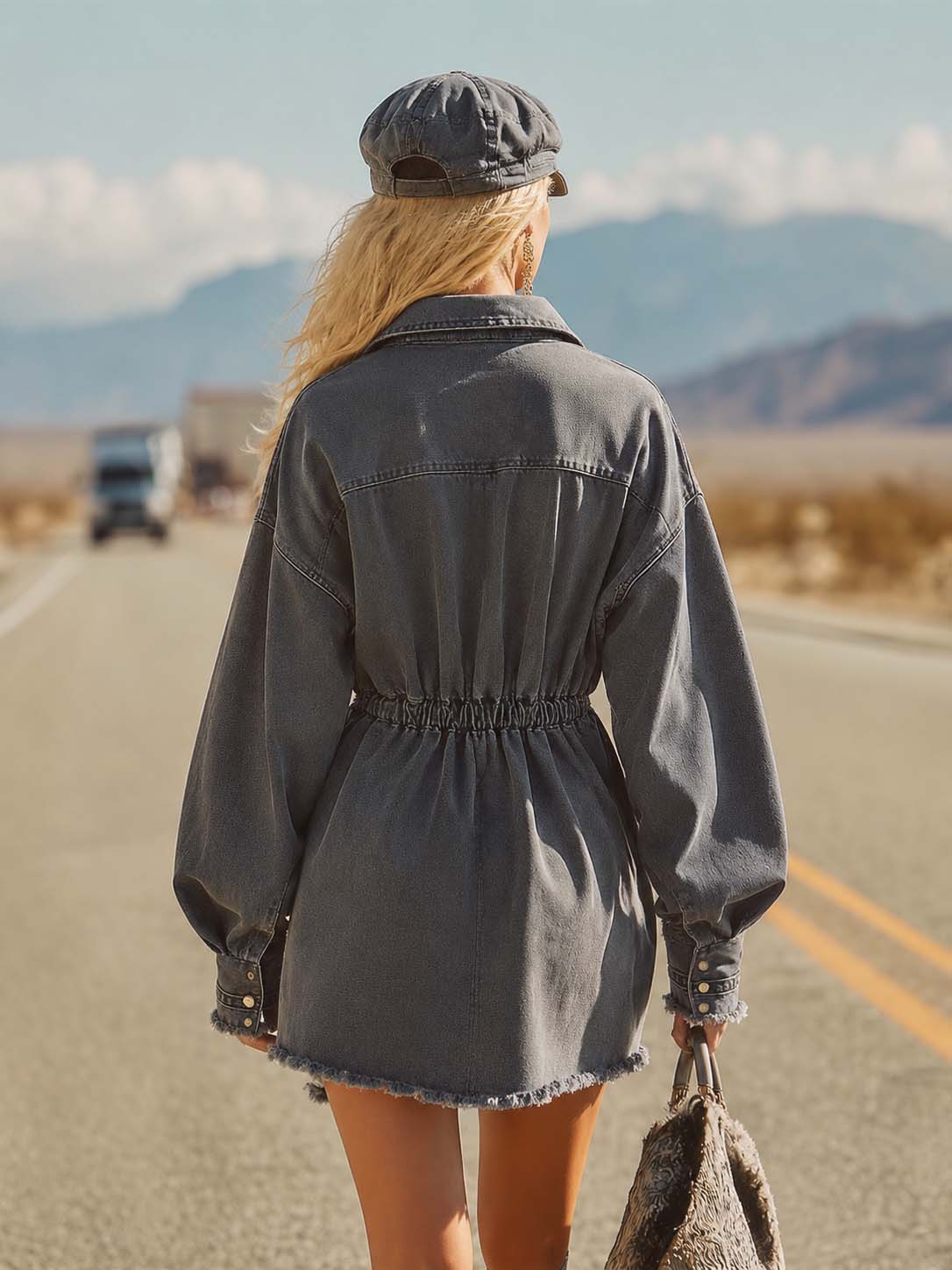 Retro Casual Western Lapel Button-front Gray Washed Denim Mini Dress