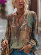 Vintage Paisley Floral Patchwork V-neck Long Sleeve T-shirt
