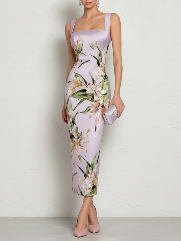 Light Blue Floral Satin Square Neck Sleeveless Sheath Midi Dress