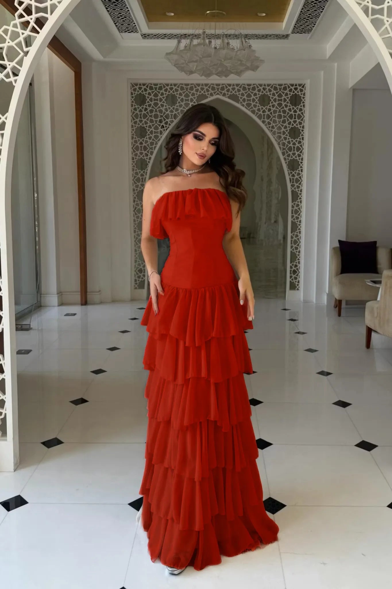 Cocoslly Strapless Sleeveless High Waist Long Prom Dress With Ruffles | Nude Champage Chiffon YC0565