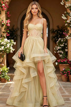 Cocoslly Spaghetti Straps Sleeveless High Waist Long Prom Dress With Beading Pearls And Split | Black Tulle LR0136