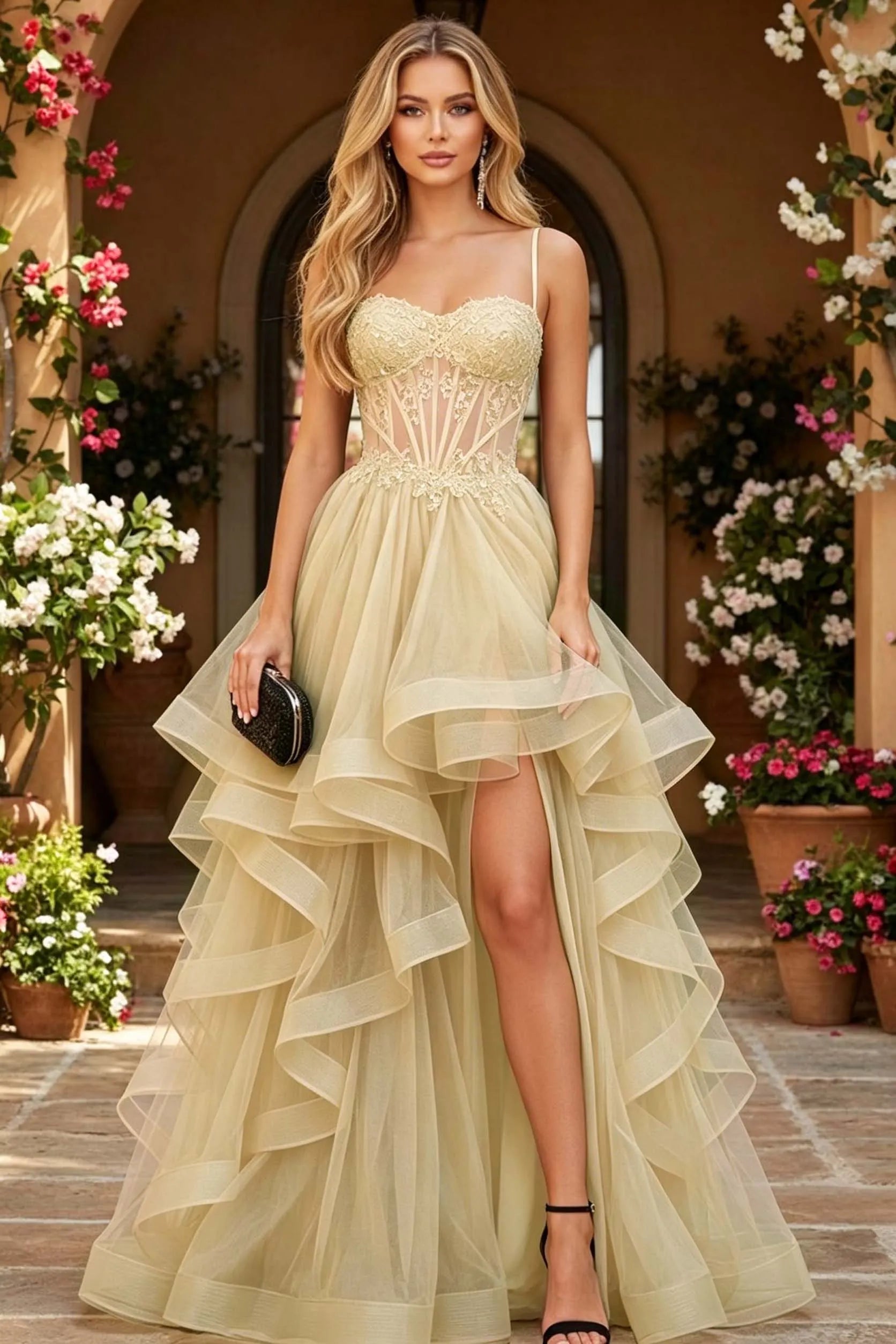 Cocoslly Spaghetti Straps Sleeveless High Waist Long Prom Dress With Beading Pearls And Split | Black Tulle LR0136