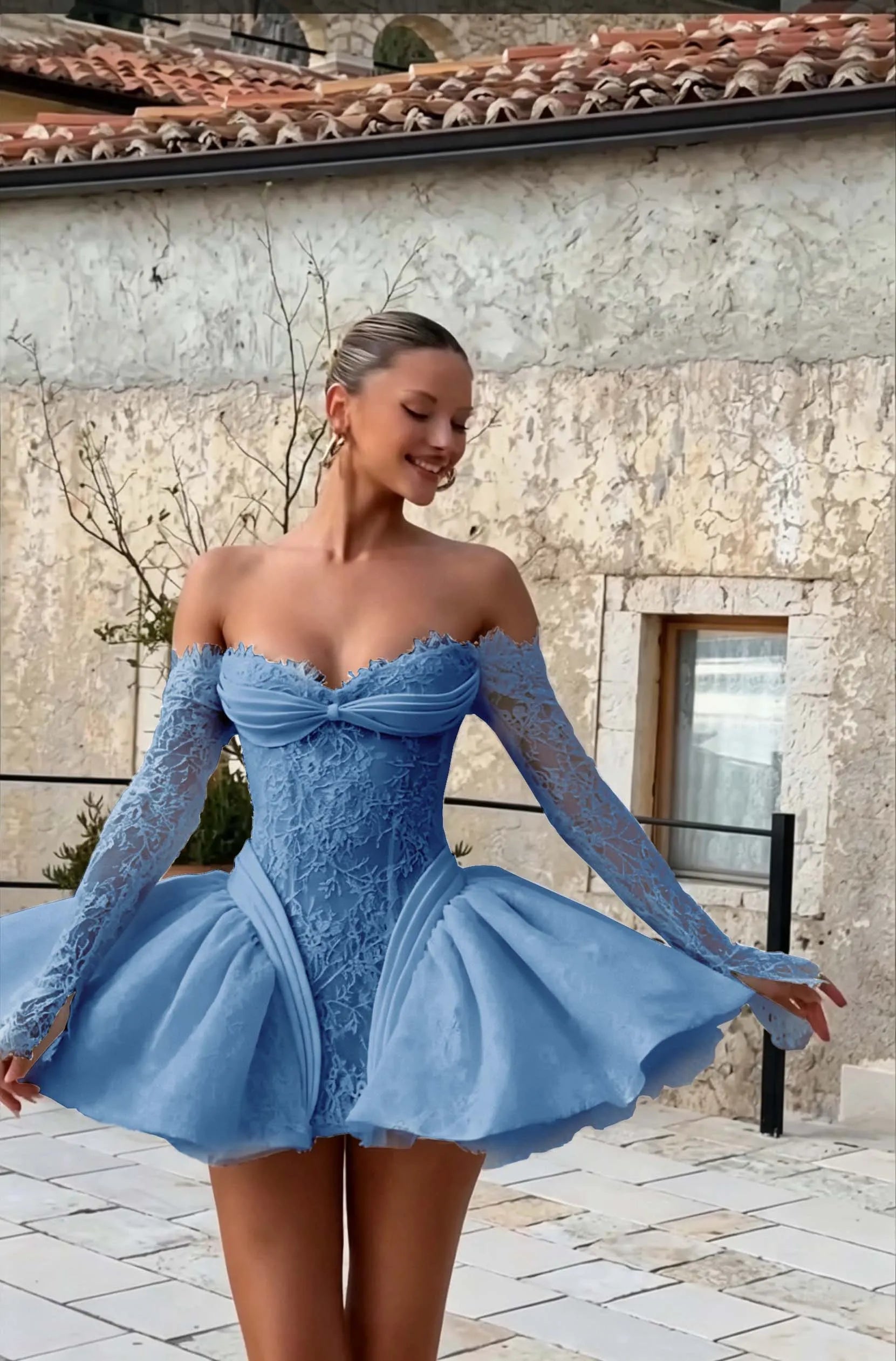 Cocoslly Strapless Long Sleeves Short Prom Dress With Appliques And Pleated | Daffodil Lace YQ0138