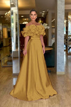 Satin Off-The-Shoulder Strapless High-Waisted Long A-Line Prom Dress With Ruffles JQ0425