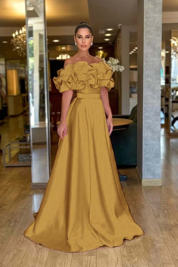 Satin Off-The-Shoulder Strapless High-Waisted Long A-Line Prom Dress With Ruffles JQ0425