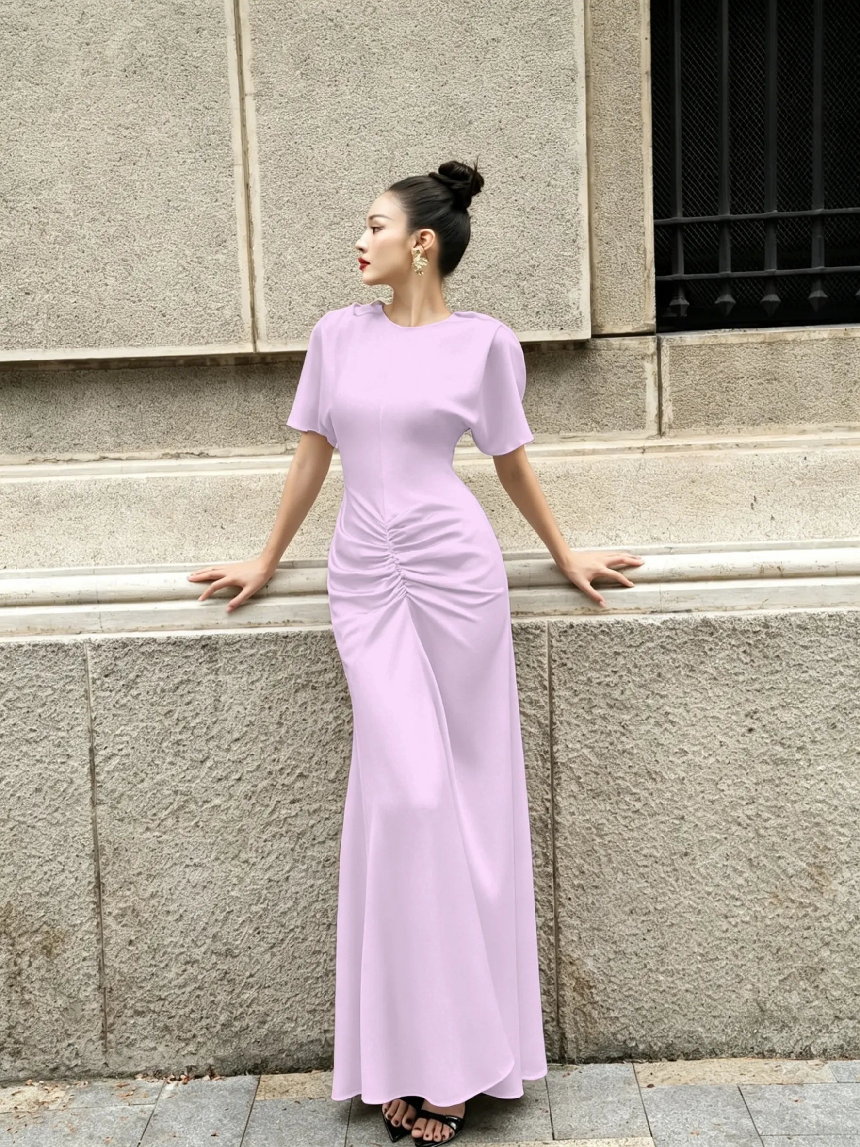 Cocoslly Round Neck Short Sleeves High Waist Long Prom Dress With Pleated | Wine Red Satin DB0023