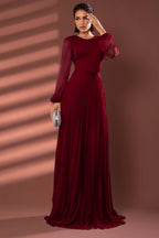 Chiffon Jewel Neck Long Sleeves Long Prom Dress With Pleated WQ0258