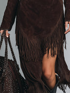 Elegant Vintage Chocolate-brown Faux Suede Fringe Midi Dress