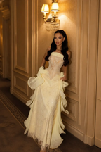 Cocoslly Strapless Sleeveless High Waist Long Prom Dress With Appliques And Ruffles | Nude Champage Chiffon LR0492