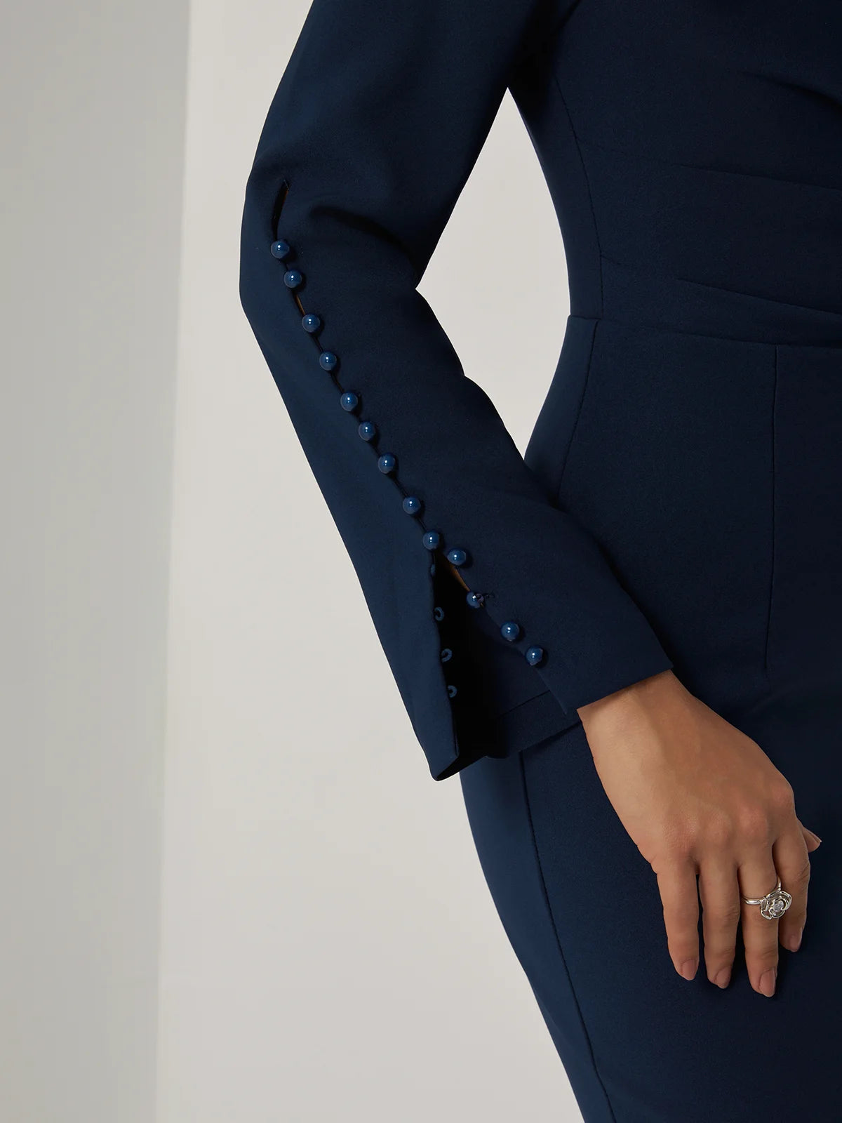 Purplish blue Bow Ruched Classic Boat Neck Long Sleeve Sheath Midi Dress