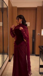 Cocoslly Strapless Sleeveless Long Mermaid Pleated Prom Dress With Gloves And Shawl | Burgundy Velvet And Lace CO0049