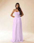 Strapless Sleeveless Long Pleated A-Line Prom Dress With Beadings And Rhinstone YK0781