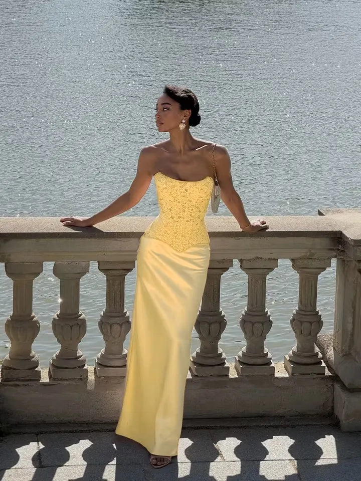 Cocoslly Strapless Sleeveless High Waist Long Prom Dress With Appliques | Pink Satin LX0113