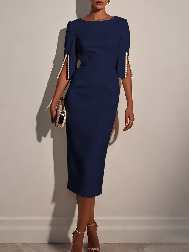 White Faux Pearl Classic Crew Neck Half Sleeve Sheath Midi Dress