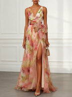 Pink Floral Bow Tulle V Neck Sleeveless A-Line Floor-length Gown Dress