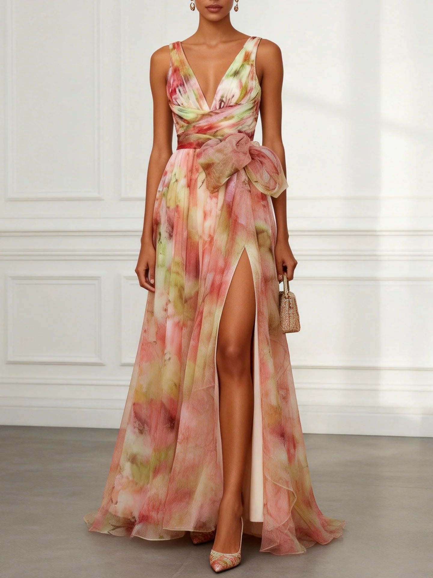 Pink Floral Bow Tulle V Neck Sleeveless A-Line Floor-length Gown Dress