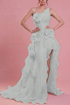 Cocoslly One Shoulder Sleeveless High Waist Long Split Prom Dress With Ruffles And Flowers | Blushing Pink Chiffon YC0489