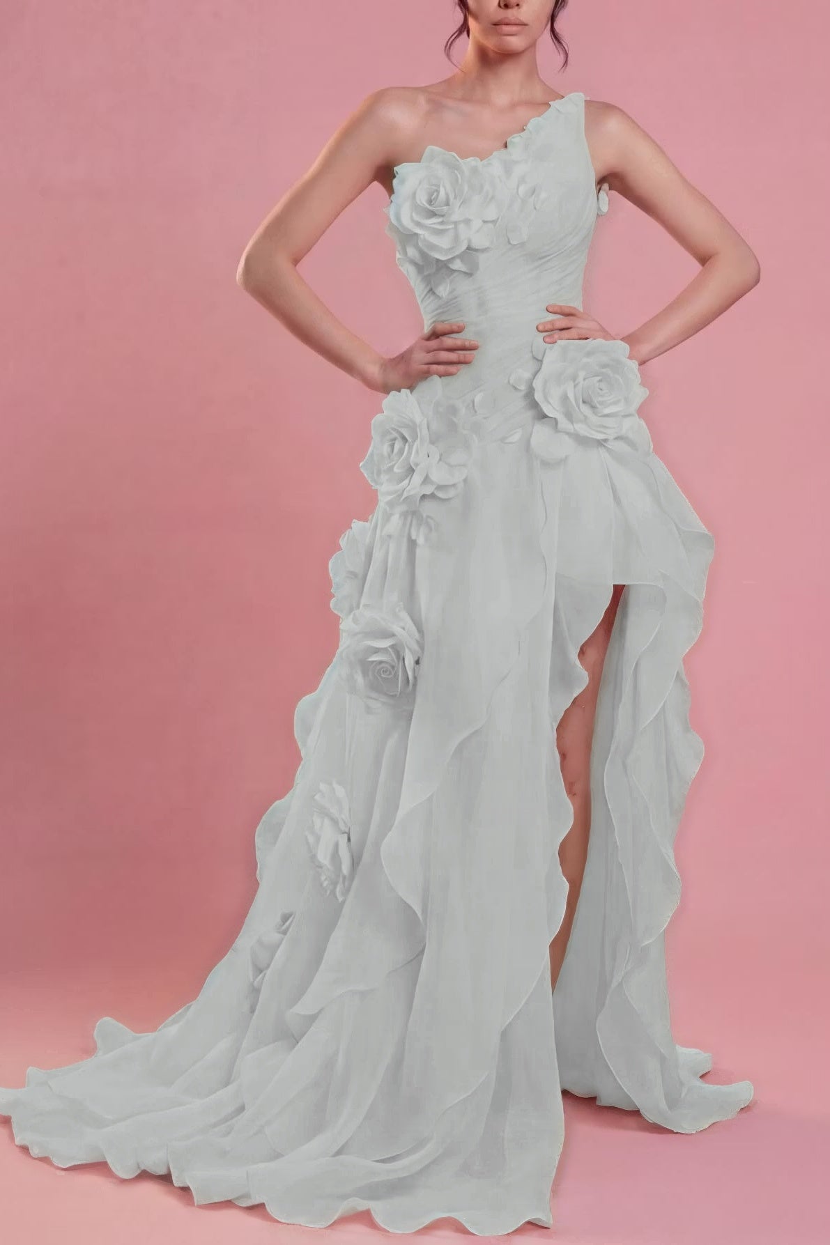 Cocoslly One Shoulder Sleeveless High Waist Long Split Prom Dress With Ruffles And Flowers | Blushing Pink Chiffon YC0489