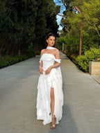 Cocoslly Off-The-Shoulder Sleeveless High Waist Long Split Prom Dress With Ruffles And Scarf | Daffodil Chiffon YK1279