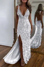 Cocoslly Spaghetti Straps V Neck Sleeveless High Neck Long Prom Dress with Split | Glod Champage  Sequins MS0489