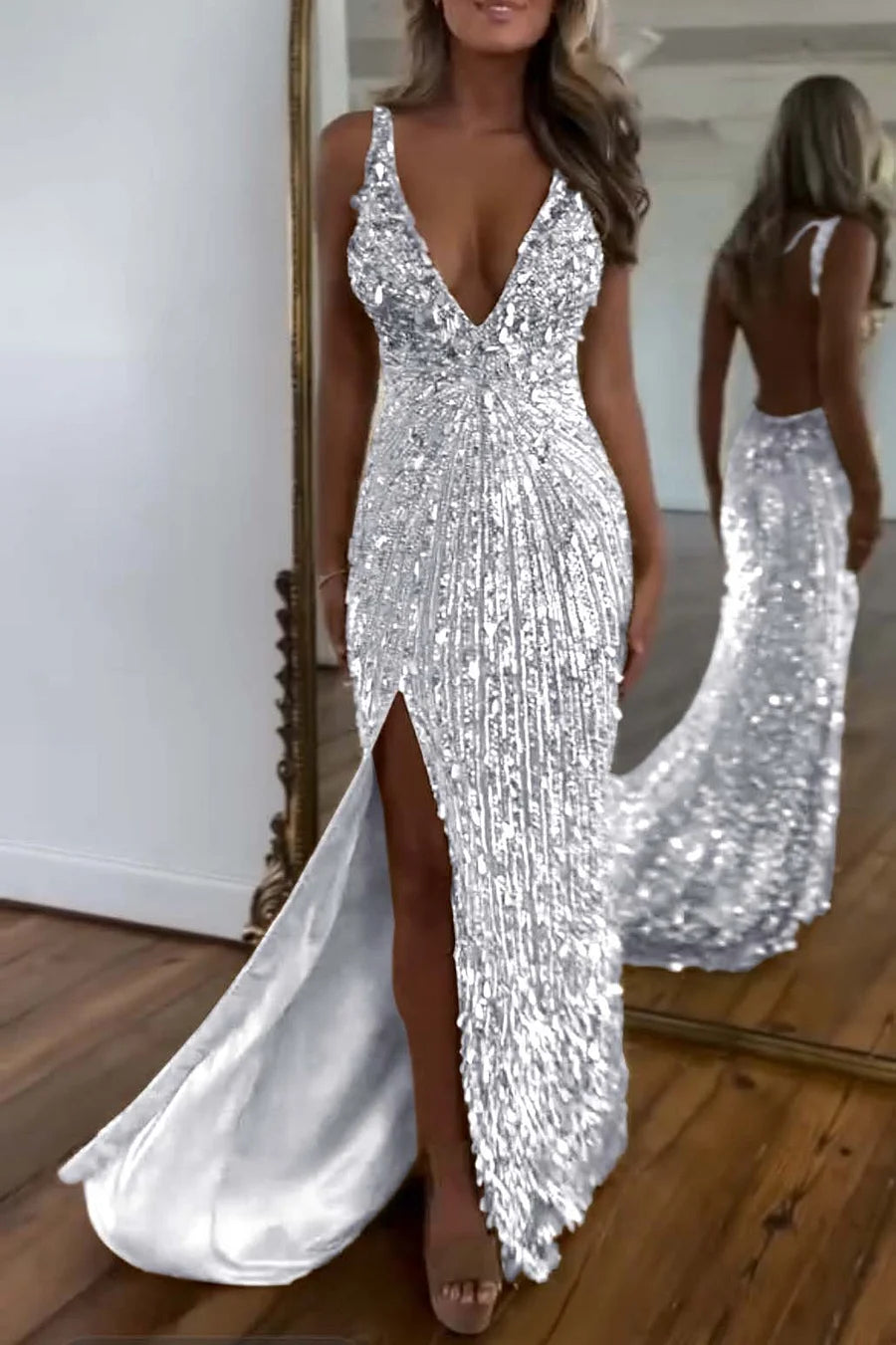 Cocoslly Spaghetti Straps V Neck Sleeveless High Neck Long Prom Dress with Split | Glod Champage  Sequins MS0489