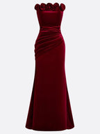 Wine Red 3D Floral Velvet Strapless Sleeveless Sheath Gown Dress