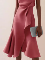 Pink Asymmetric Ruffled Classic Boat Neck Sleeveless A-Line Midi Dress