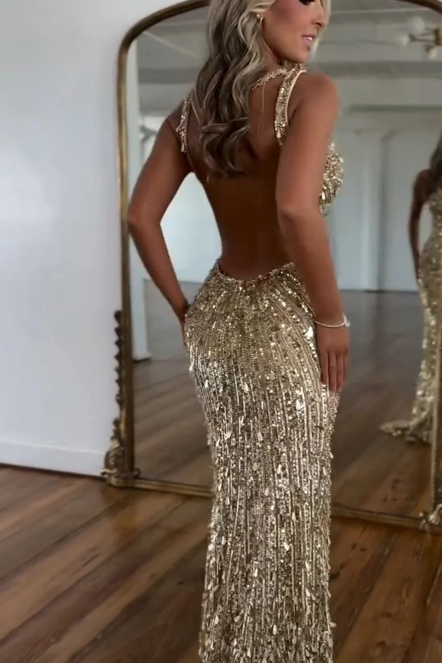 Cocoslly Spaghetti Straps V Neck Sleeveless High Neck Long Prom Dress with Split | Glod Champage  Sequins MS0489