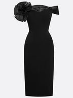 Black 3D Floral Beaded Classic Off The Shoulder Short Sleeve Sheath Midi Dress