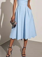 Light Blue Asymmetric Classic Square Neck Short Sleeve A-Line Midi Dress